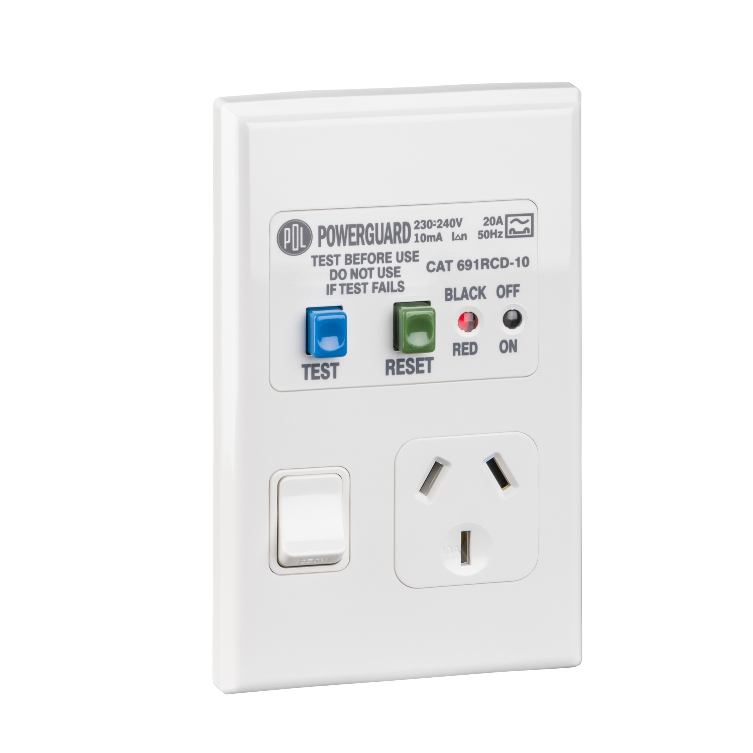 PDL Socket Outlet 600 Series - Single switched - Assembled - Vertical - 10mA RCD protection - 240 V - 10 A - White