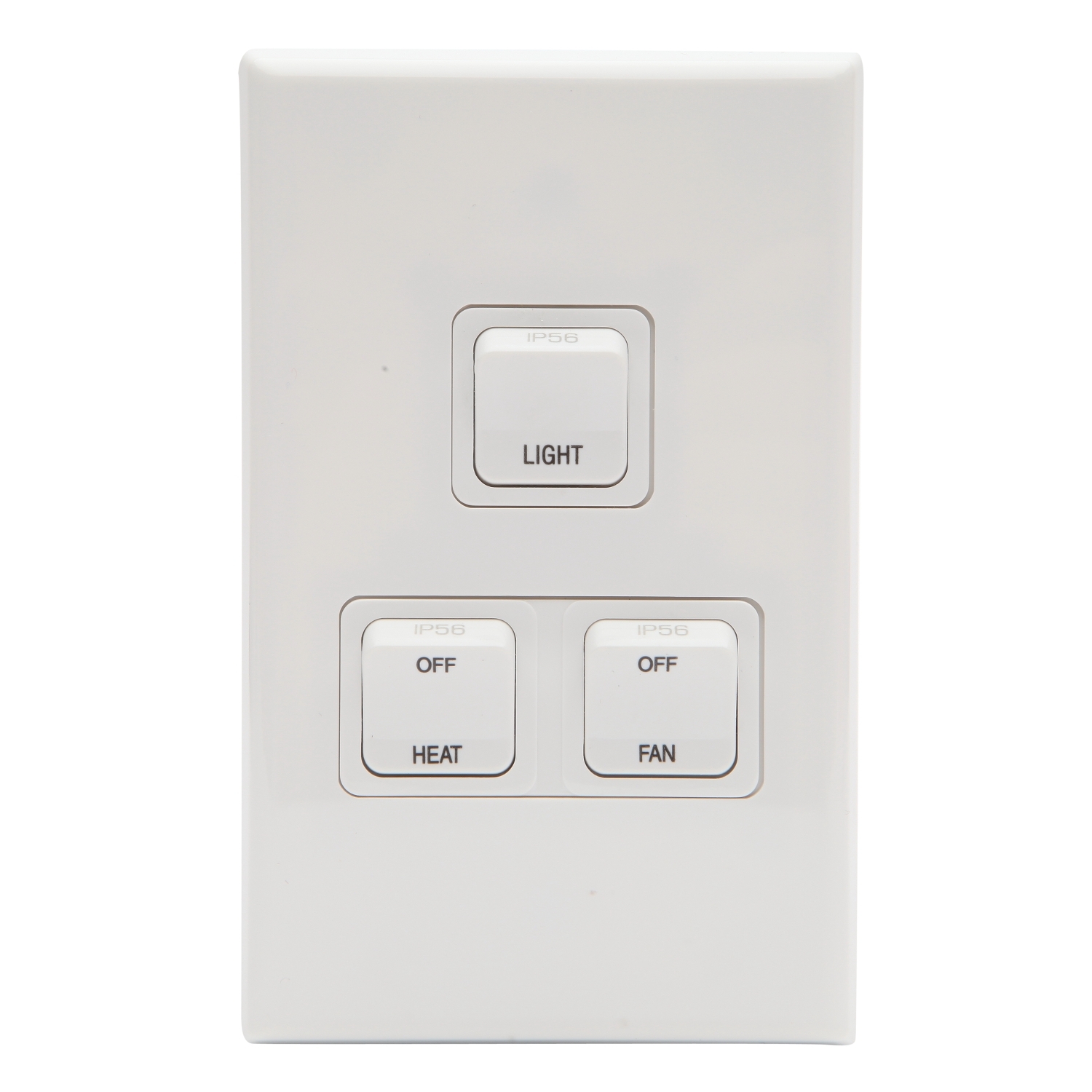 PDL 3Gang 16Amp IP56 Waterproof Switch Labelled LIGHT/FAN/HEAT - White