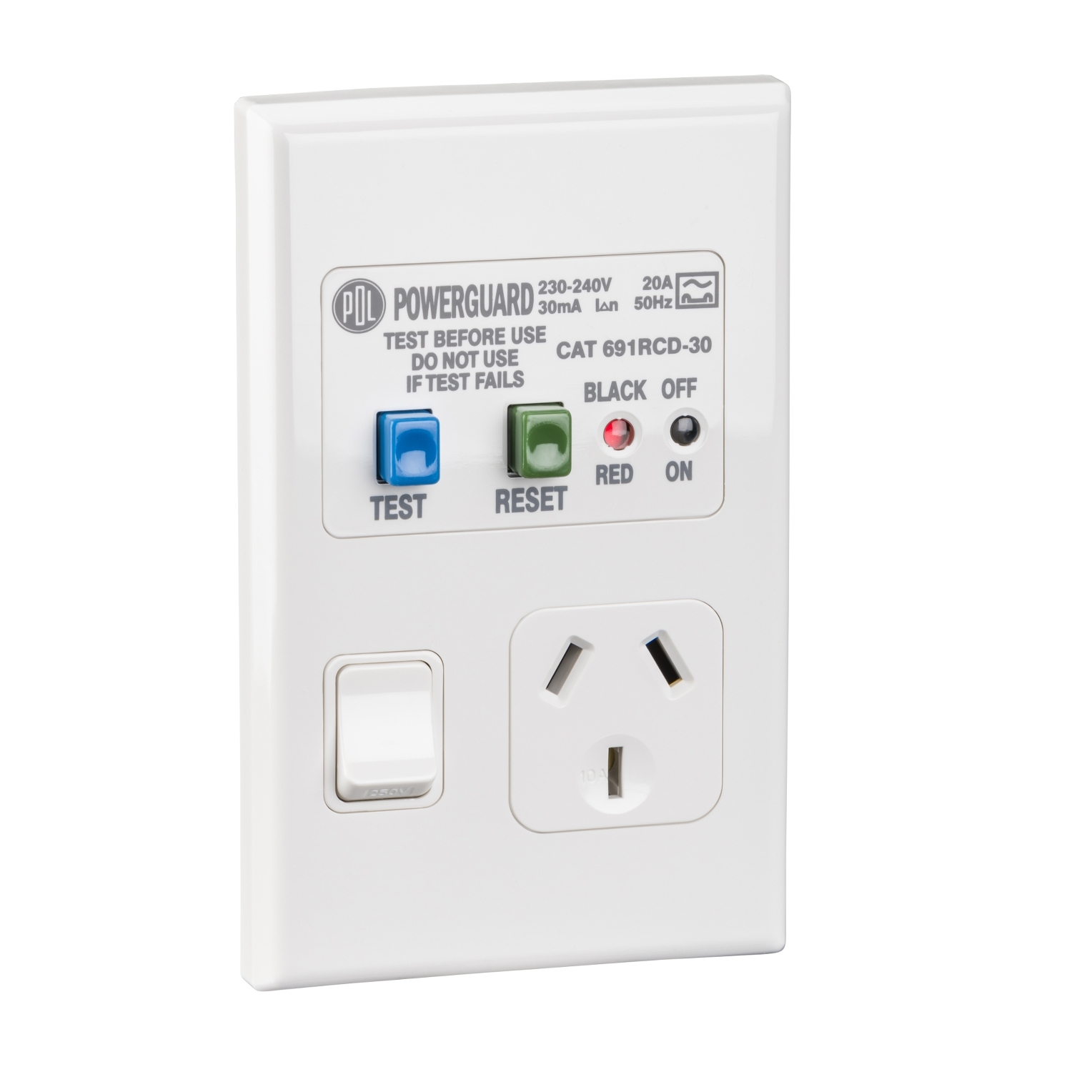 PDL Socket Outlet 600 Series - Single switched - Assembled - Vertical - 30mA RCD protection - 240 V - 10 A - White