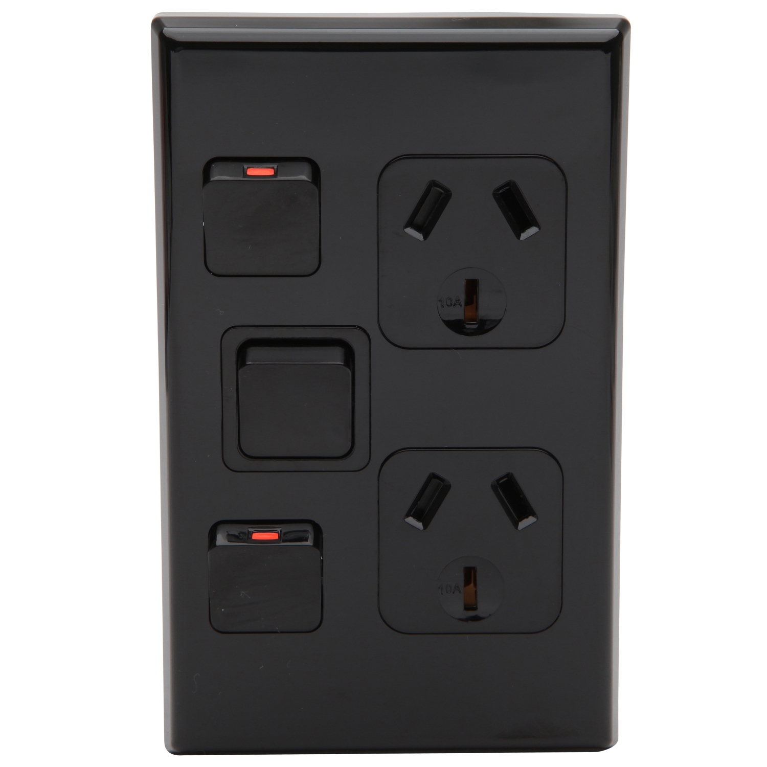 PDL Socket Outlet 600 Series - Twin switched - Assembled - Vertical - Extra switch - 250 V - 10 A - Black