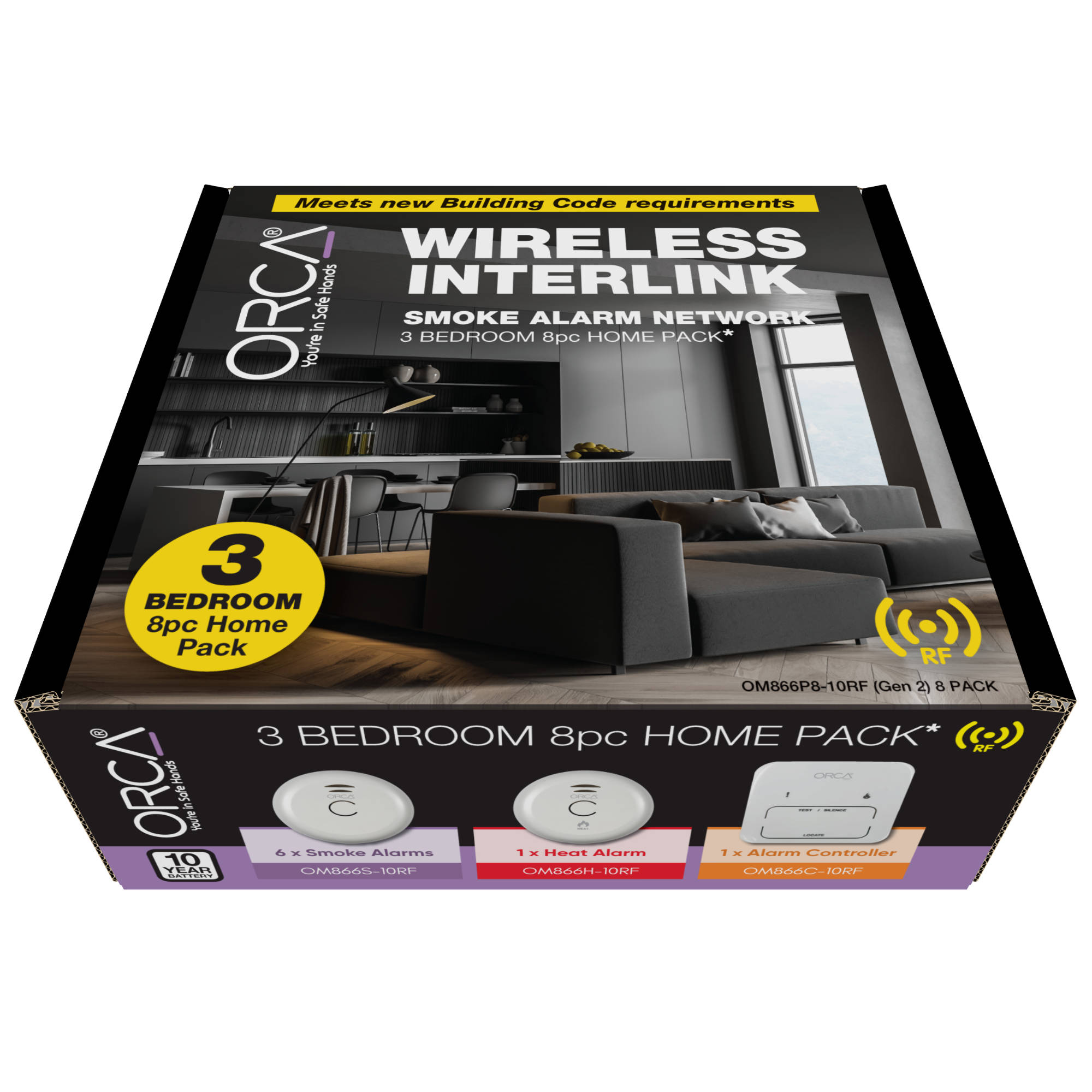 Orca Smoke/ Heat Alarms 3 Bedroom 8 Piece Homepack 